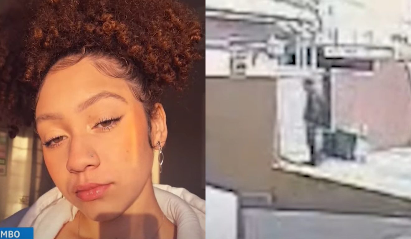 Montagem com duas fotos, na primeira aparece a vítima, Camila Vitória, e na segunda um frame da câmera de segurança que mostra o suspeito