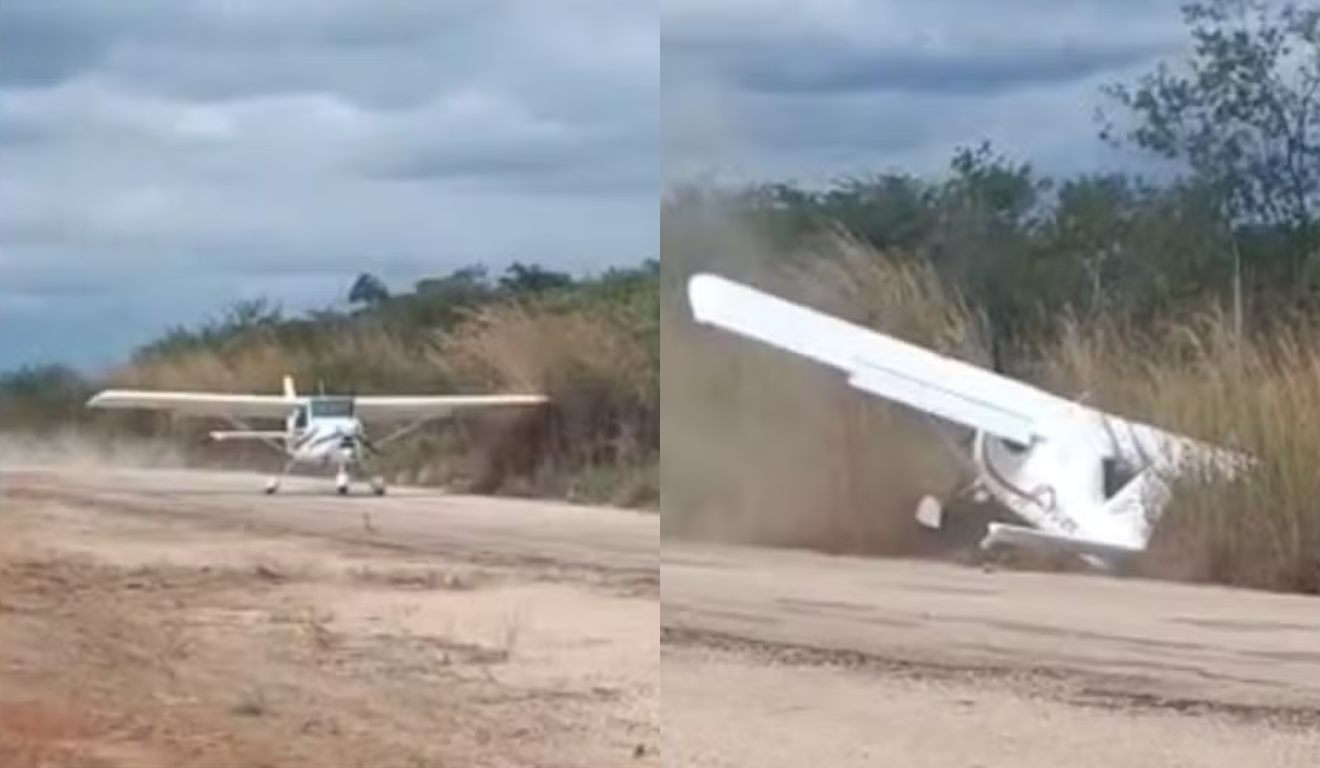 Frame de vídeo de avião saindo fora da pista