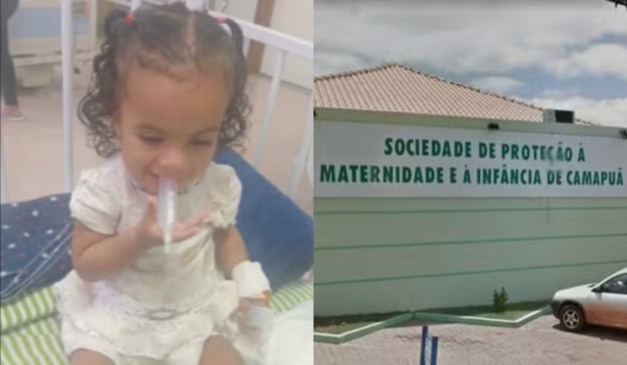 Montagem com duas fotos, na primeira a vítima do crime e na segunda a fachada de uma unidade médica