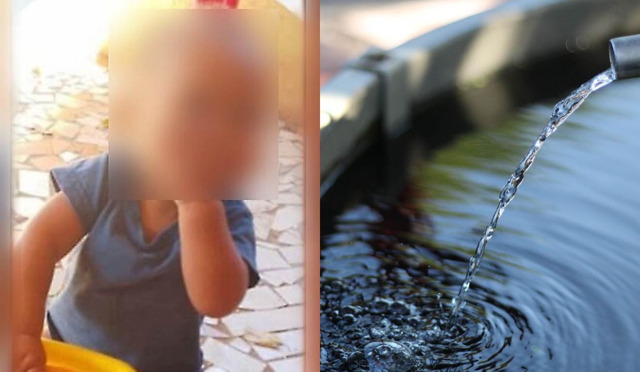 bebê que morreu afogado em balde de água em foto com mão na boca e balde com água ao lado para ilustrar