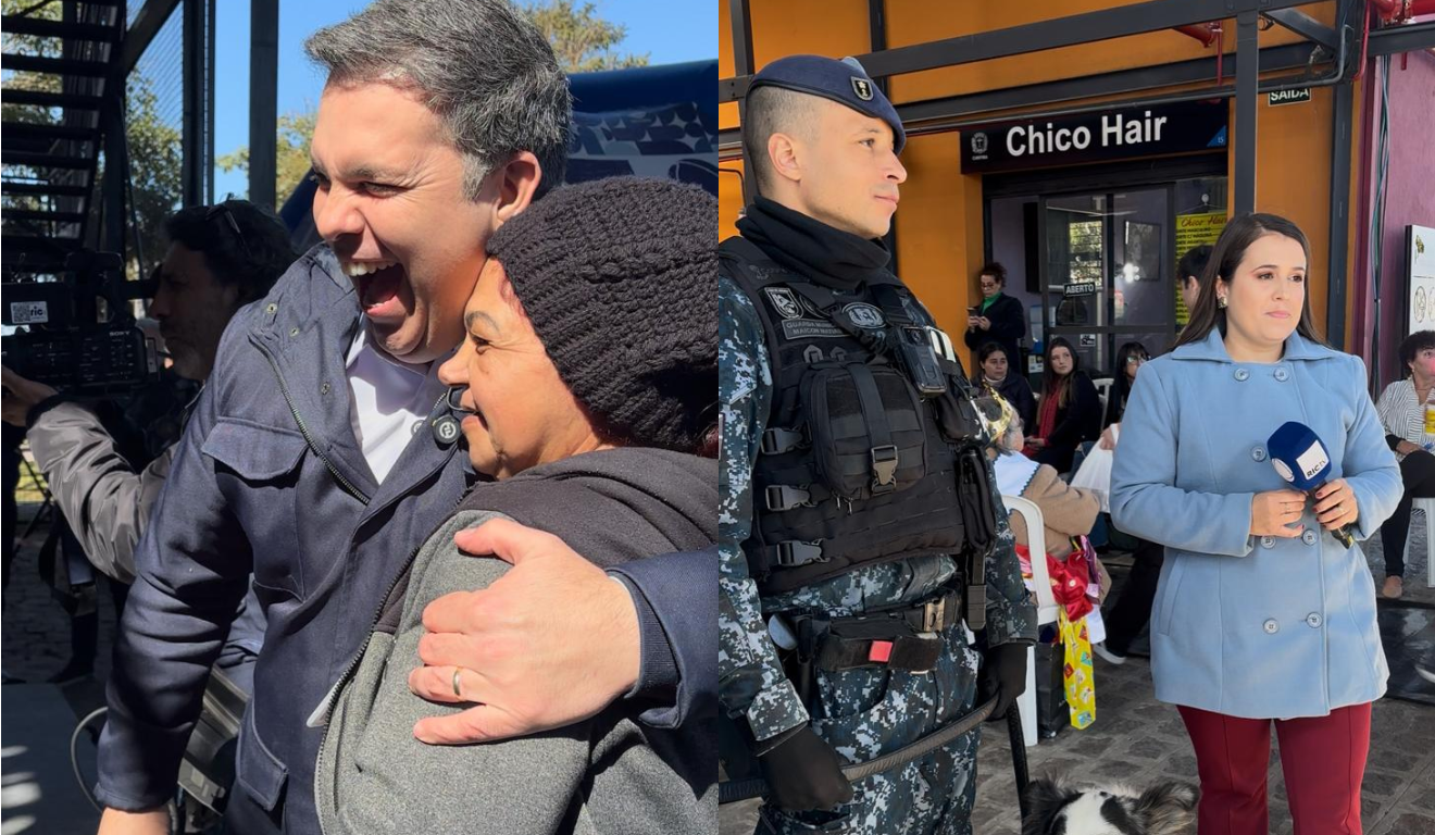 Imagem de Matheus Furlan abraçado com uma mulher e da Thais Travençoli ao lado da polícia.