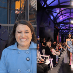 Imagem de Matheus Furlan e a repórter Thais Travençoli, e de um dos desfiles do Boqueirão Fashion Week.