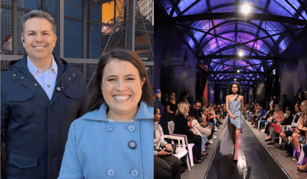 Imagem de Matheus Furlan e a repórter Thais Travençoli, e de um dos desfiles do Boqueirão Fashion Week.