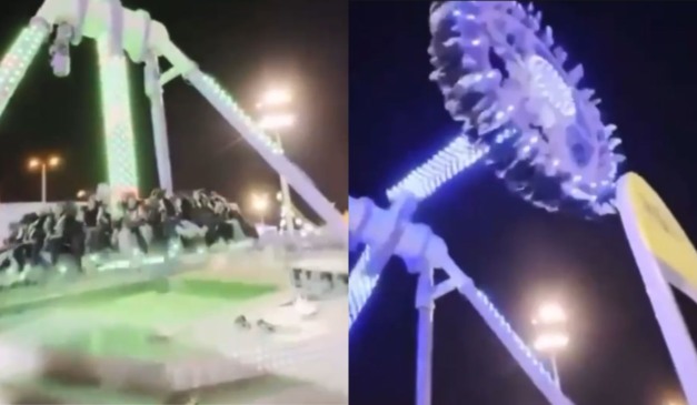 momento em que brinquedo parte ao meio em parque de diversões