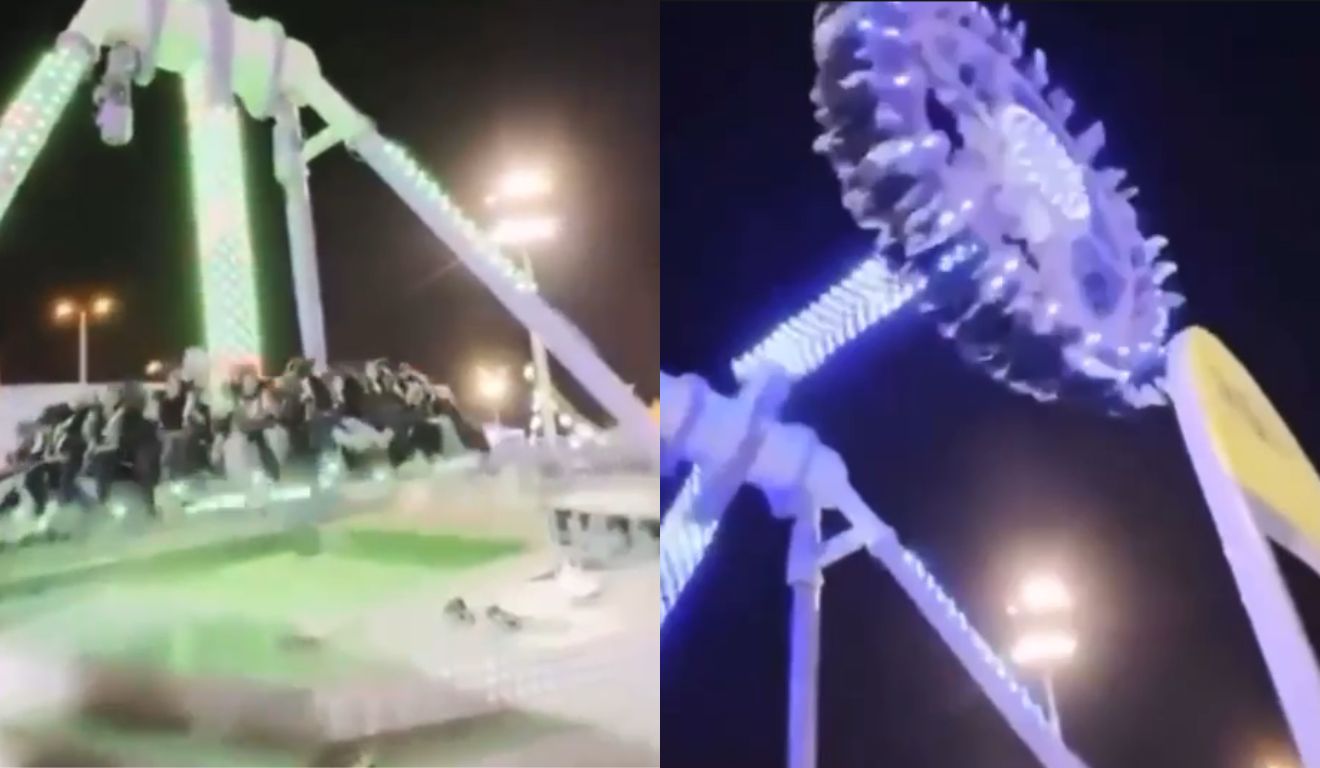 momento em que brinquedo parte ao meio em parque de diversões