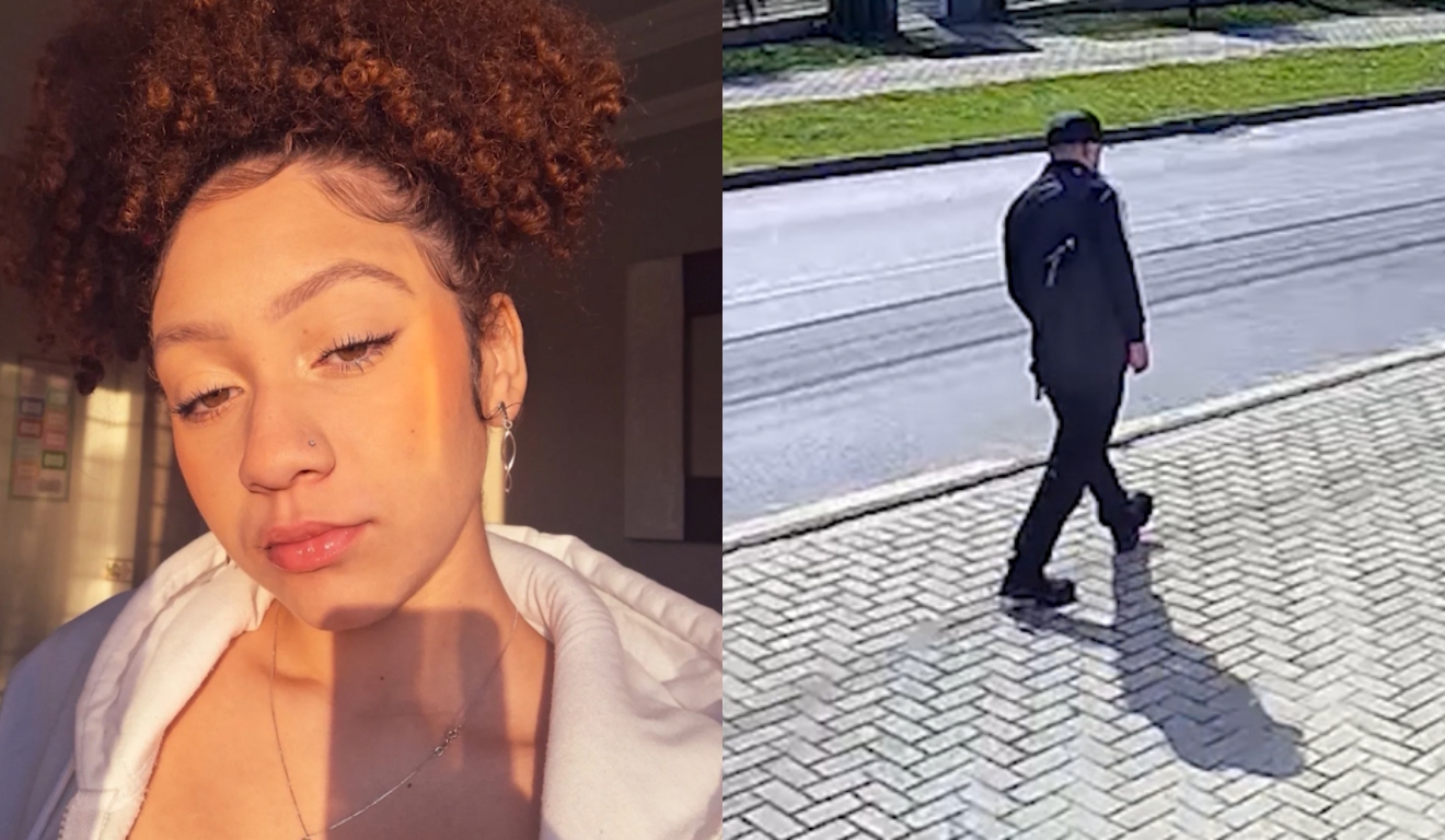 Montagem com duas imagens: à esquerda, a adolescente Camila Vitória Pio Pontes posa sob a luz do sol; à direita, um homem de preto, captado por câmera de segurança, caminha por uma calçada.