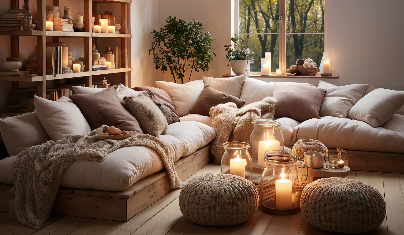 Imagem ilustrativa de um sofá com mantas e cobertores, além de velas na sala.