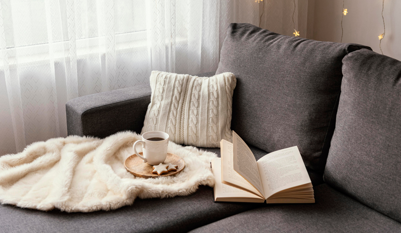 Imagem ilustrativa de um sofá com um cobertor e um livro.