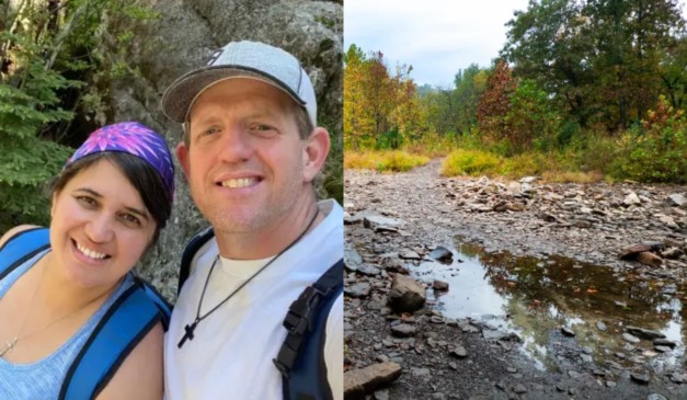 Casal em trilha com roupas de caminhada e o local do crime ao lado, relacionado ao caso do casal assassinado durante caminhada.