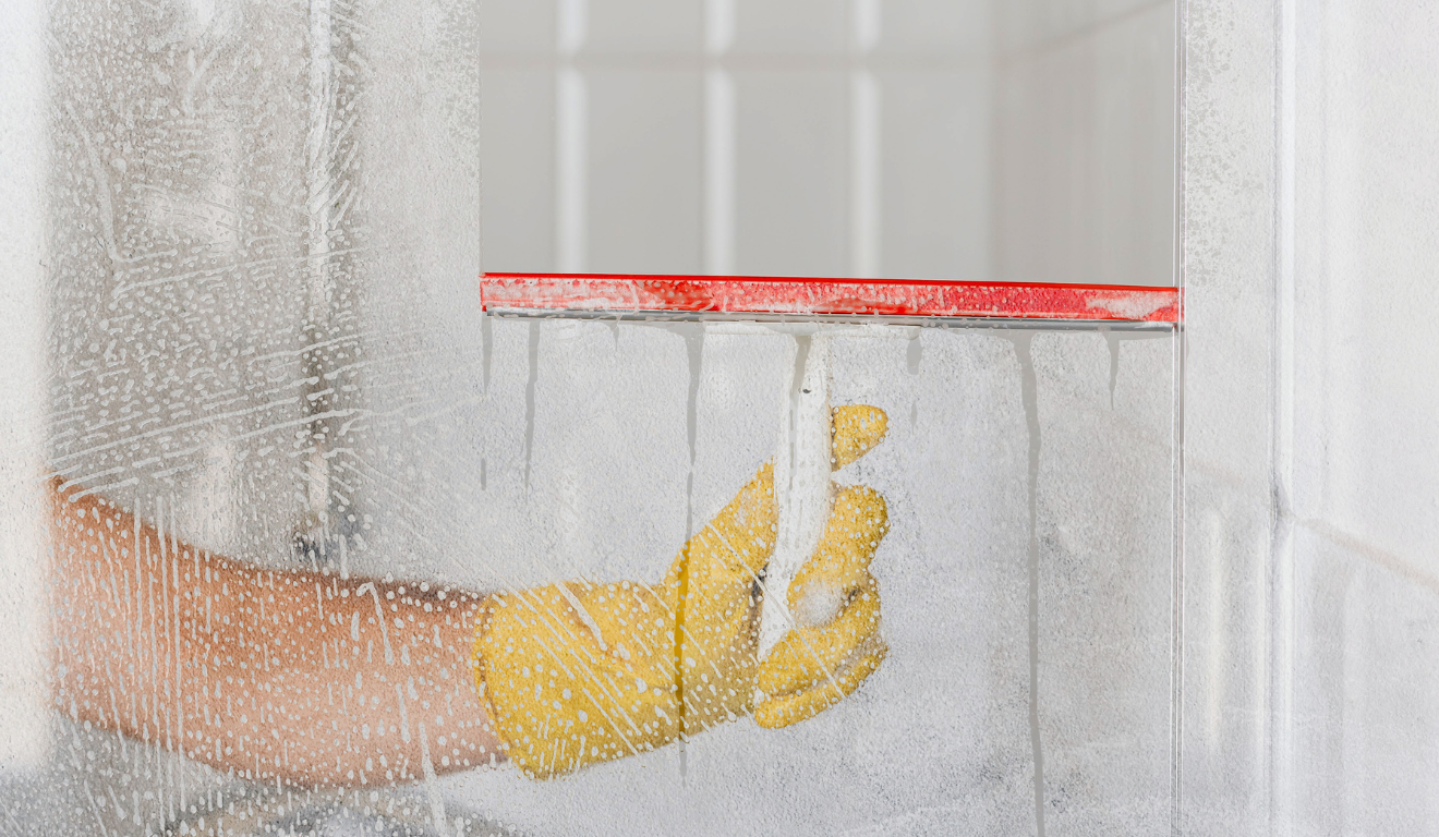 Imagem ilustrativa de uma pessoa limpando o box.