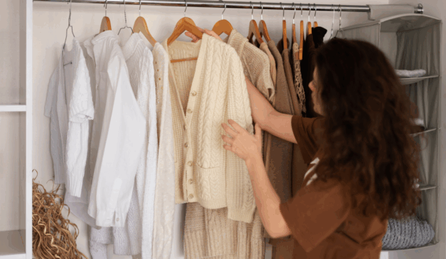 Imagem ilustrativa de uma mulher organizando o guarda-roupa.