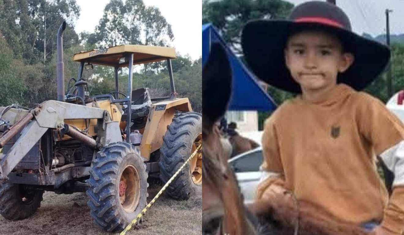 Montagem com duas fotos na primeira o trator e na segunda a vítima