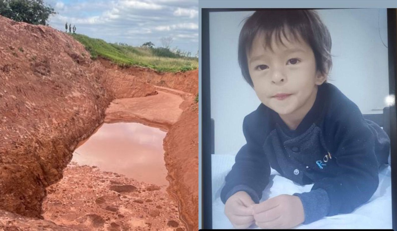 Montagem com foto do buraco de terra com água acumulada à esquerda e imagem de um menino de 3 anos à direita.