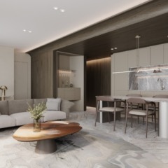 Decoração de inverno: Sala integrada com cozinha, tons neutros, sofá curvo, tapete claro e mesa de centro orgânica.