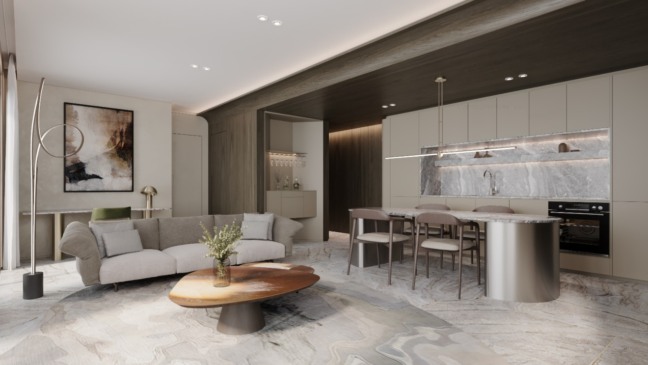 Decoração de inverno: Sala integrada com cozinha, tons neutros, sofá curvo, tapete claro e mesa de centro orgânica.