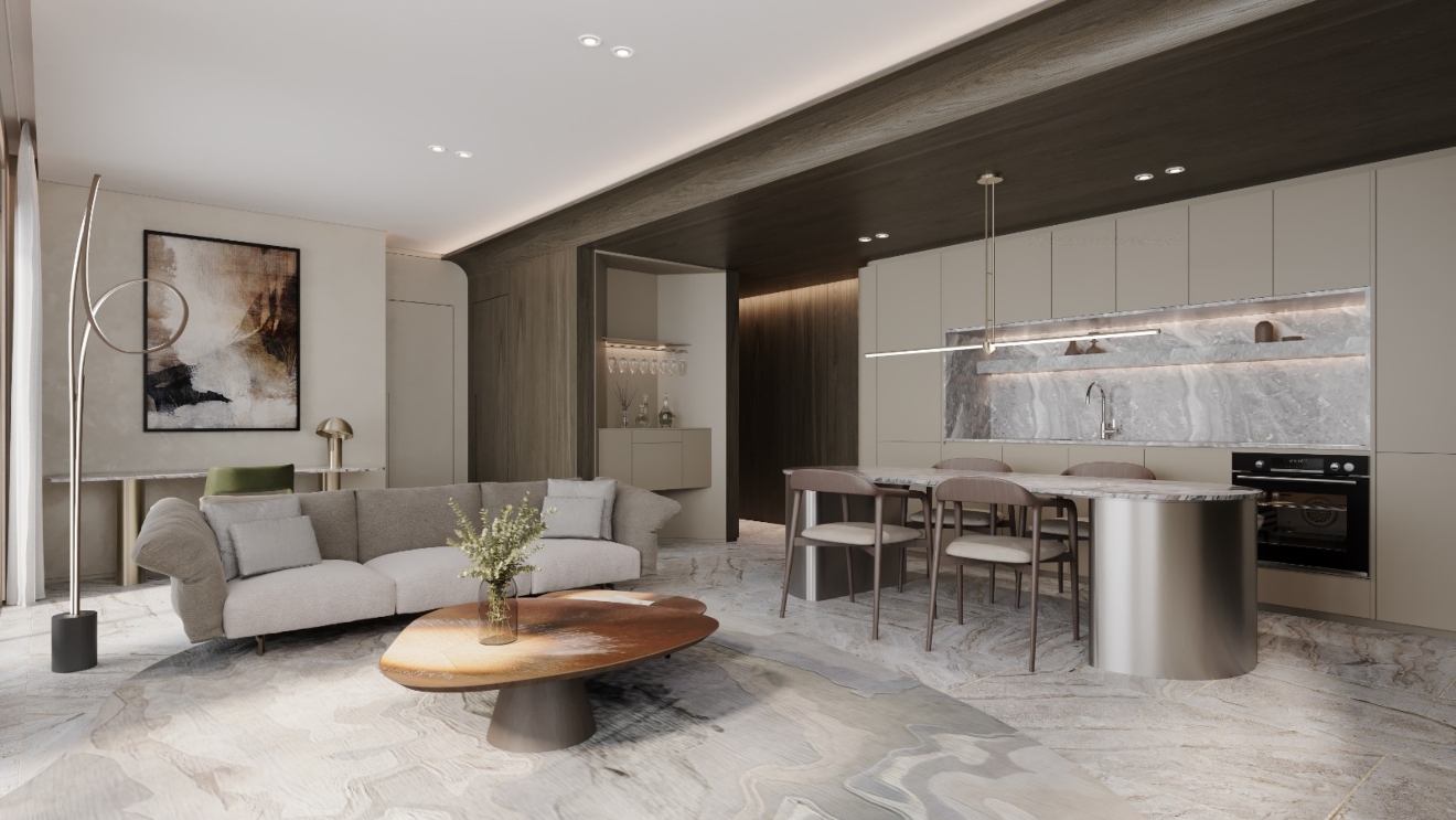 Sala integrada com cozinha, tons neutros, sofá curvo, tapete claro e mesa de centro orgânica.