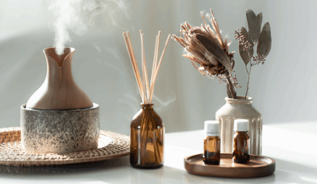 Imagem ilustrativa de um difusor ao lado de óleos essências.