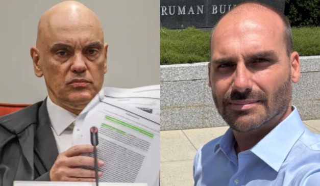 Montagem com uma foto de ALexandre de Moraes e outra de Eduardo Bolsonaro