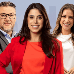 Os apresentadores do Jornal da Manhã, na Jovem Pan News Curitiba, Karlos Kolbach, Beatriz Frehner e Manuella Niclewicz
