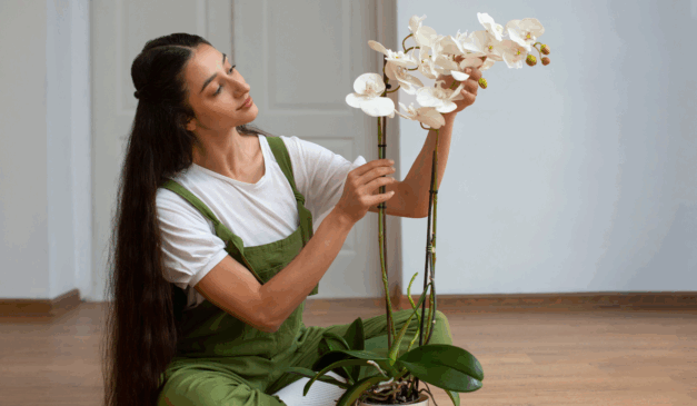 Imagem ilustrativa de uma mulher cuidando de uma orquídea.