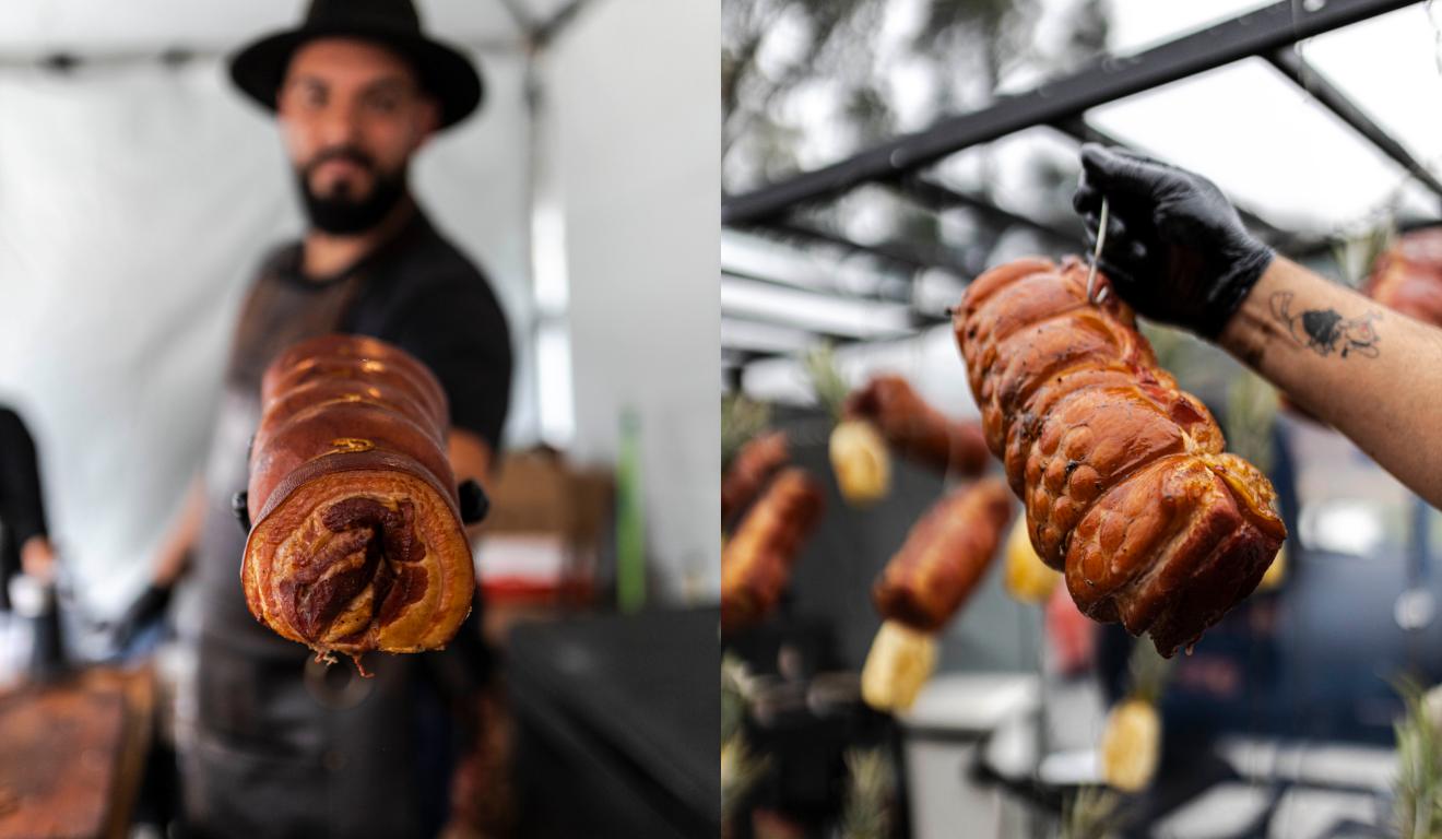 Montagem com duas fotos do festival de torresmo, em uma o churrasqueiro segura uma peça de carne e na outra aparece apenas o preparo de suíno