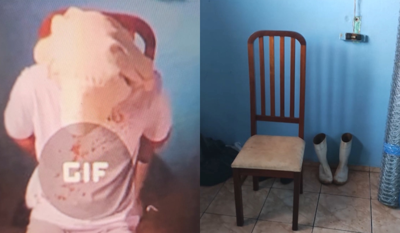 Montagem mostra à esquerda um homem com toalha na cabeça e mãos amarradas em uma cadeira; à direita, uma cadeira vazia encostada em uma parede azul com botas brancas ao lado.