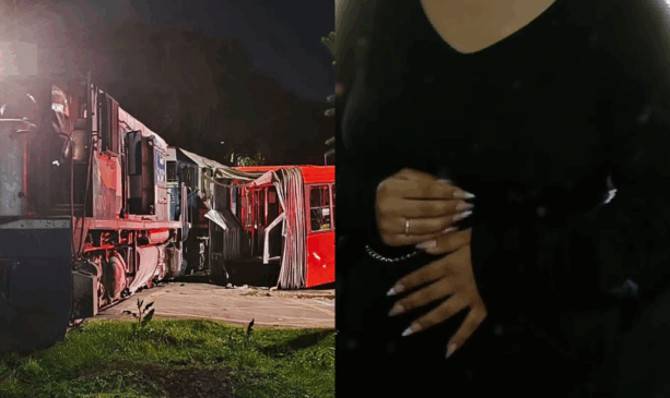 Gravída com a mão na barriga de um lado e ônibus que bateu com trem de outro