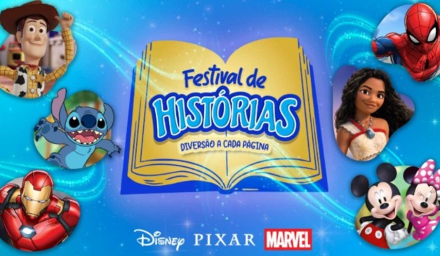 Banner do festival de histórias do Shopping Curitiba com personagens Disney