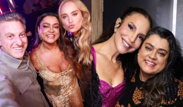 Montagem com duas fotos, na primeira Preta Gil está com Huck e Angélica e na segunda com Ivete Sangalo