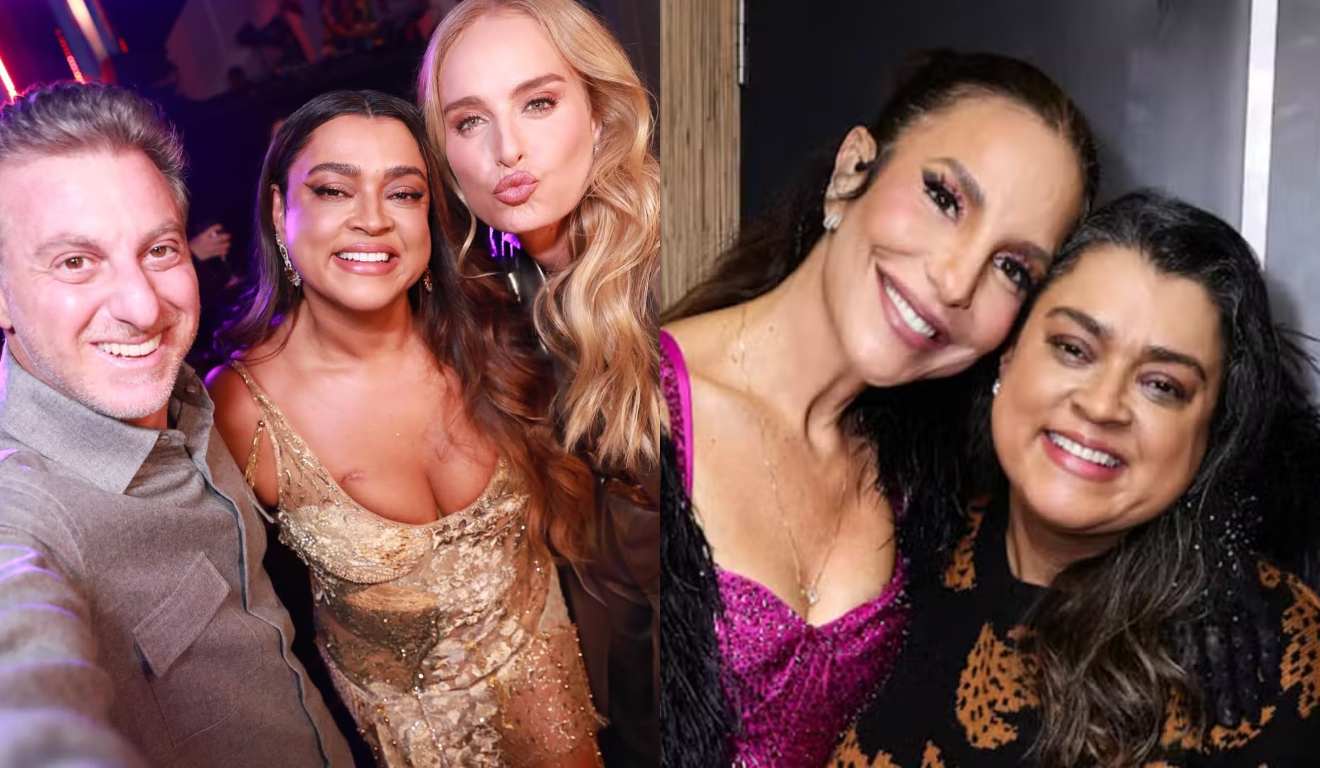 Montagem com duas fotos, na primeira Preta Gil está com Huck e Angélica e na segunda com Ivete Sangalo