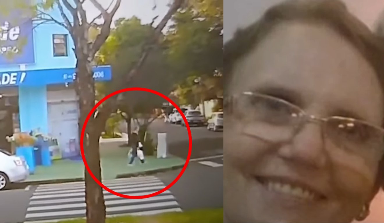 Montagem com duas imagens, na primeira aparece a idosa caminhando na calçada e na segunda uma foto da vítima