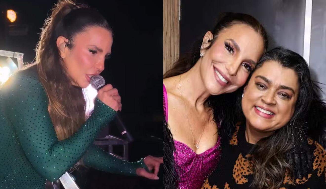 Montagem com duas fotos, na primeira a Ivbete na apresentação no Fortal e na segundaIvete e Preta Gil abraççadas