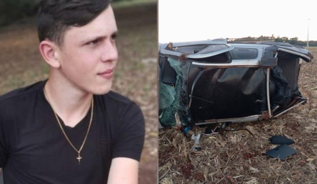 Montagem mostra jovem que morreu e o carro destruído no acidente da PR-495.