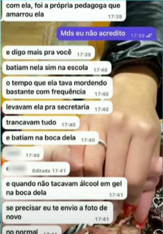 Conversa revela maus-tratos contra menina amarrada escola