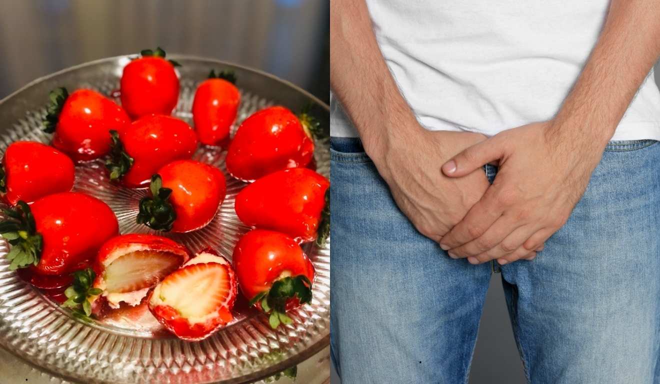 morango do amor e homem segurando genital por cima da calça
