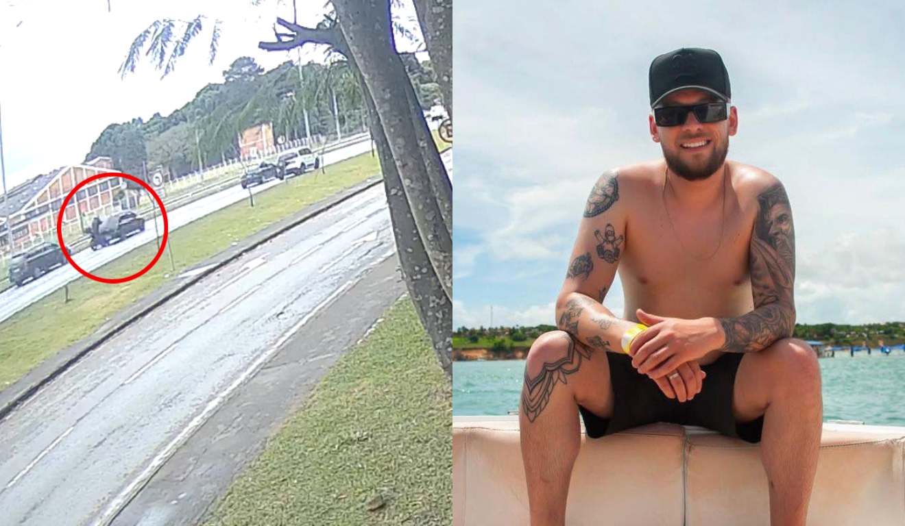 Montagem com duas fotos, na primeira mostra o acidente na Linha Verde e na outra a vítima, Gian Carlos Maciel