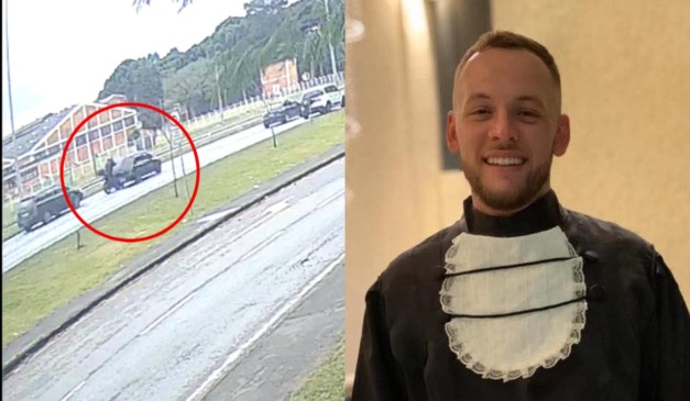 Montagem de fotos, com uma imagem do momento do acidente na Linha Verde e ao lado uma foto da vítima durante a formatura