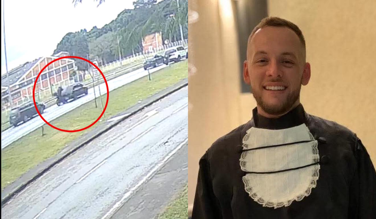 Montagem de fotos, com uma imagem do momento do acidente na Linha Verde e ao lado uma foto da vítima durante a formatura