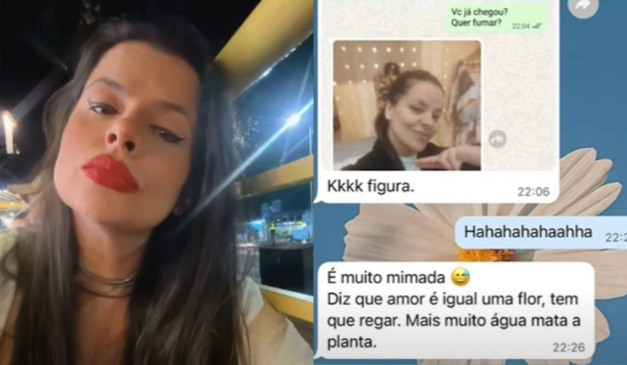 Montagem com duas fotos, a primeira mostra a vítima Renata e ao lado o print de uma conversa do suspeito