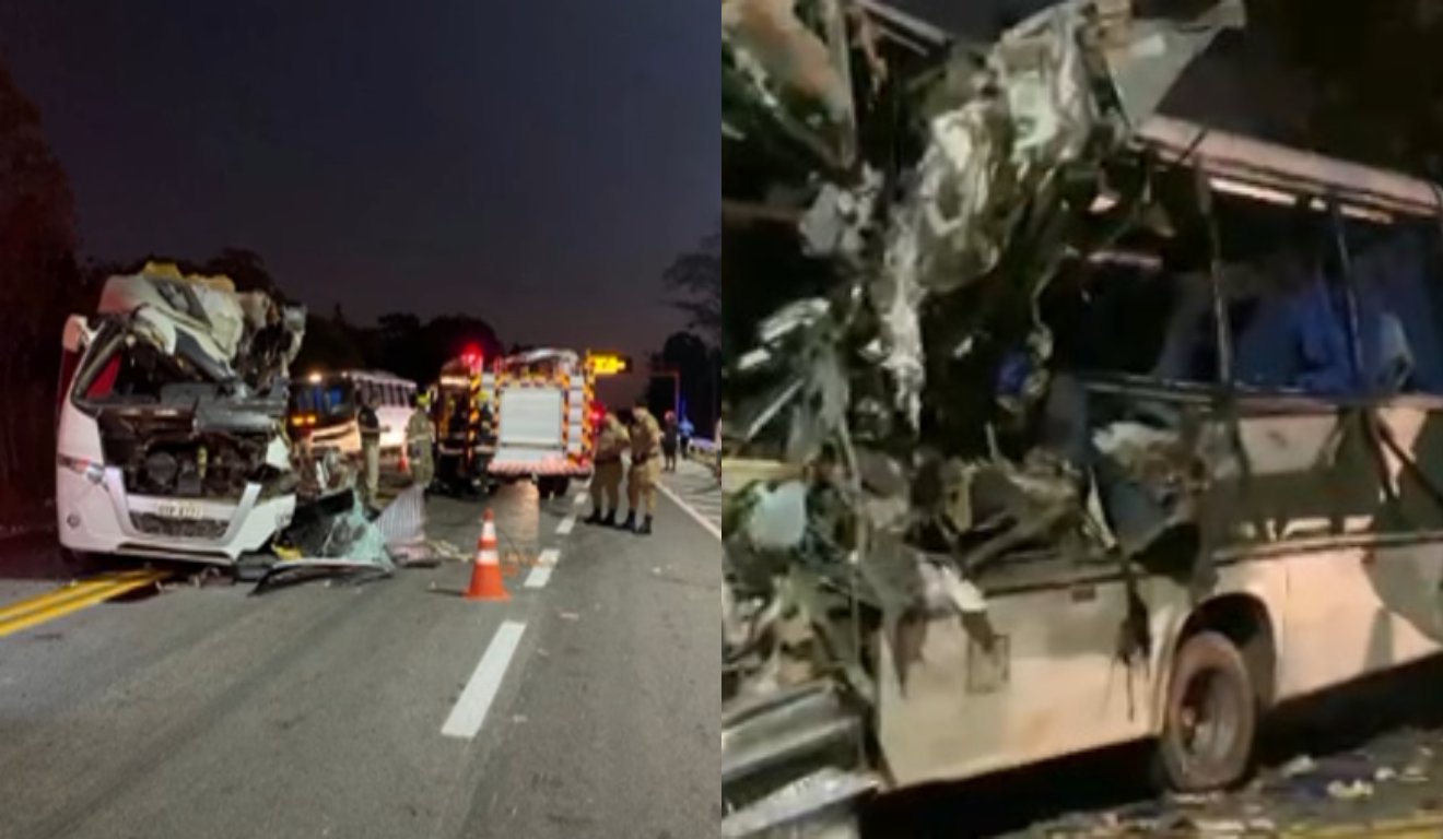 Destroços de acidente envolvendo ônibus com estudantes