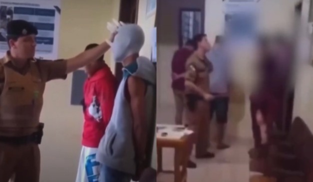 Montagem com duas cenas de agressões de policiais contra adolescente