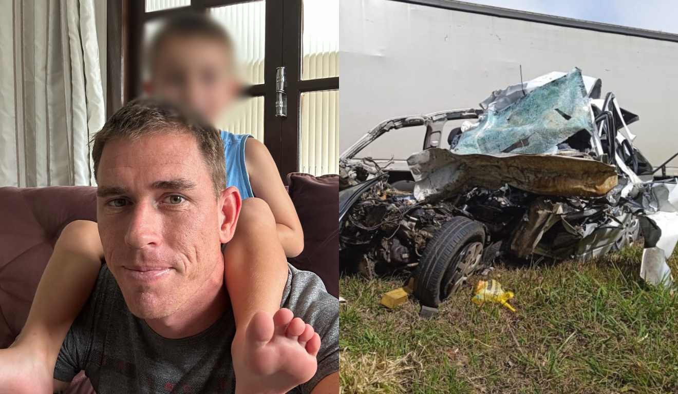 Montagem com duas fotos, na primeira o policial com o filho e na segunda o carro após o acidente