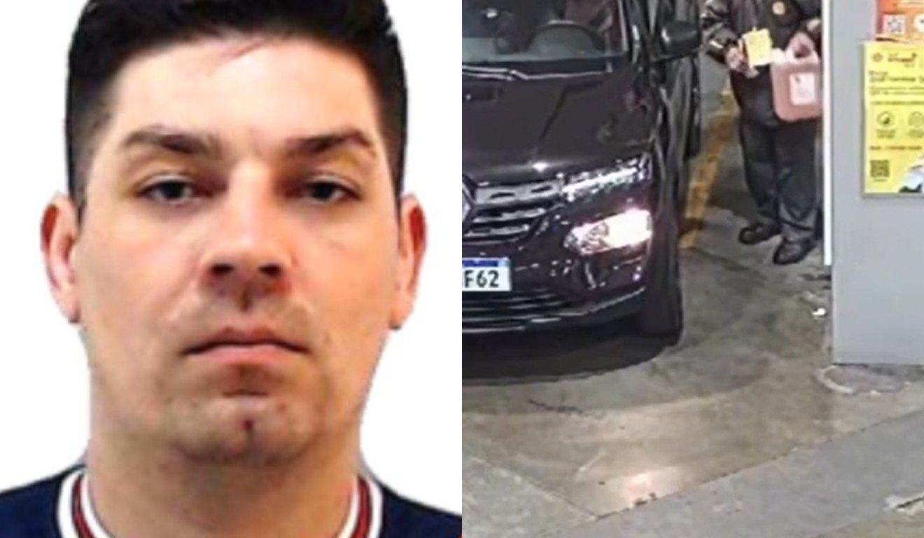 Montagem com duas fotos, na primeira o homem suspeito de chefiar a quadrilha e na segunda integrantes comprando combustíveis