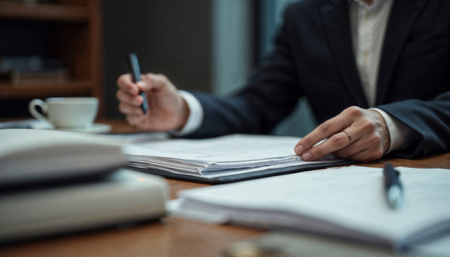 Pessoa revisando documentos jurídicos sobre recuperação judicial, com foco em soluções para produtores rurais endividados.