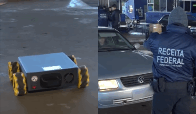 Imagem do robô e do servidor da Receita Federal vasculhando o inferior do veículo.