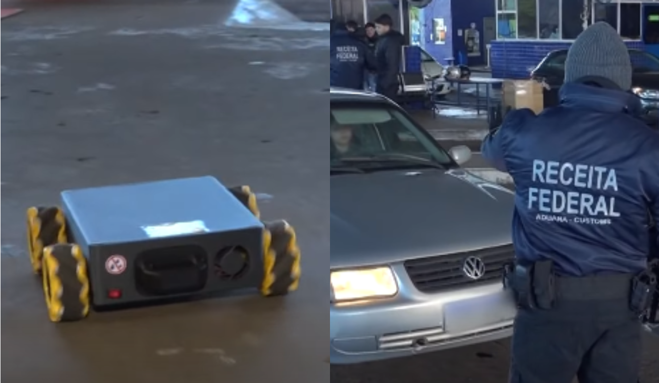 Imagem do robô e do servidor da Receita Federal vasculhando o inferior do veículo.
