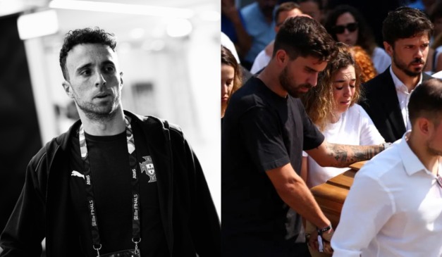 Montagem de Diogo Jota com a cerimônia de despedida