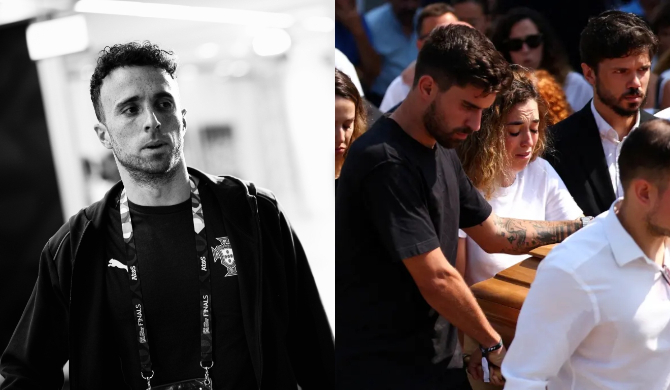 Montagem de Diogo Jota com a cerimônia de despedida