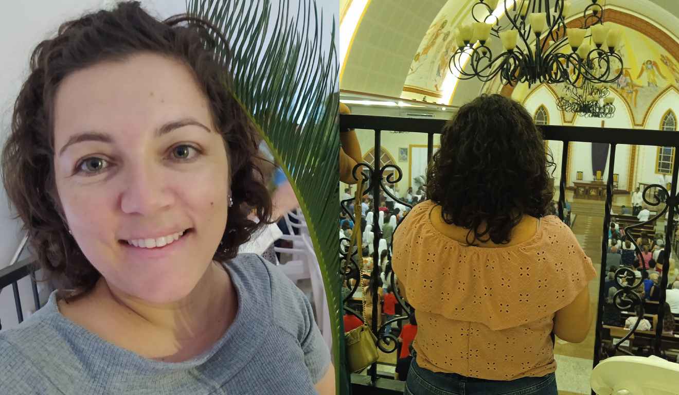 Montagem com duas fotos de Ana Lucia em momentos na igreja que participava
