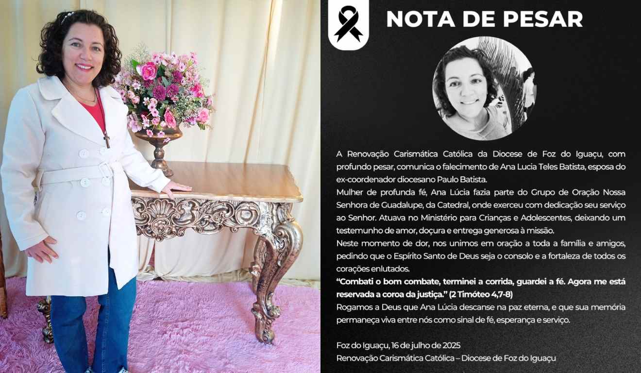 Montagem co mduas fotos, na primeira aparece Ana Lucia e na segunda a nota de pesar da RCC